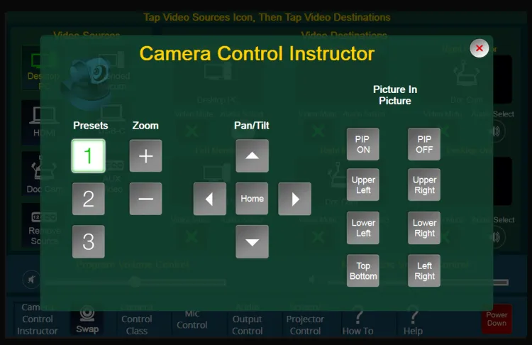 Extron instructor panel showing selections