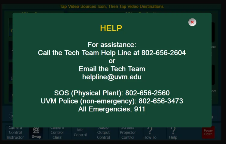 Extron panel showing help info