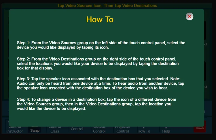 Extron panel showing how-to text