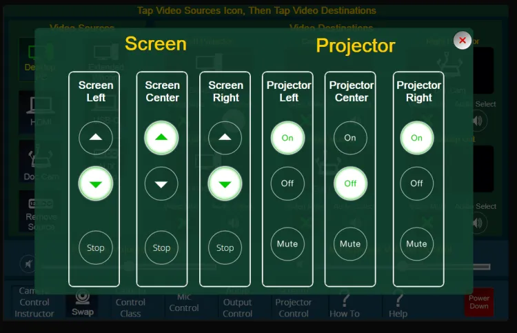 Extron panel showing screen and projector selections