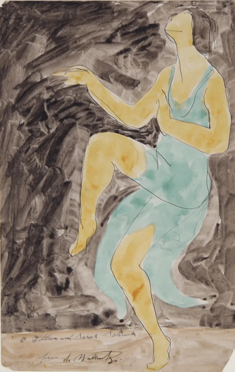 An inky blue and black portrait of dancer Isadora Duncan, 1909.