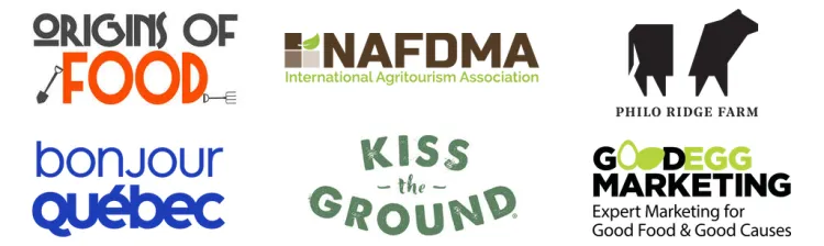 group of logos: origins of food, nafdma, philo ridge farm, bon jour quebec, kiss the ground, good egg marketing