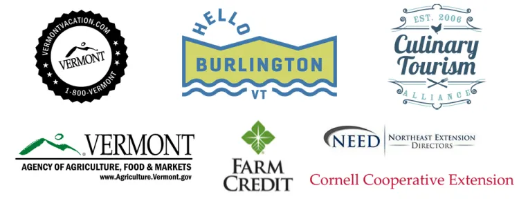group of logos: vermontvacation.com, hello burlington vt, culinary tourism alliance, vermont agency of agriculture food & markets, farm credit, northeast extension directors, and cornell cooperative extension