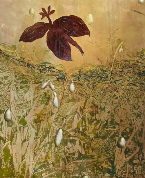 Cameron Davis' painting of a red flower in a field of gold and green.