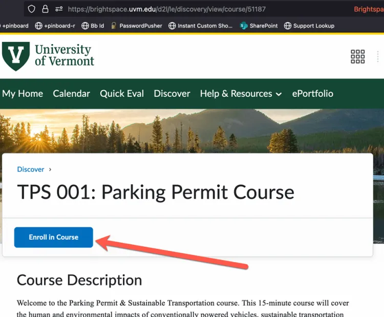 An arrow pointing to the Enroll button for the required parking course