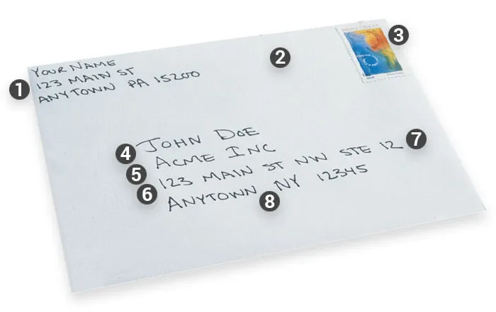 Sample mailing envelope with return address and mailing address