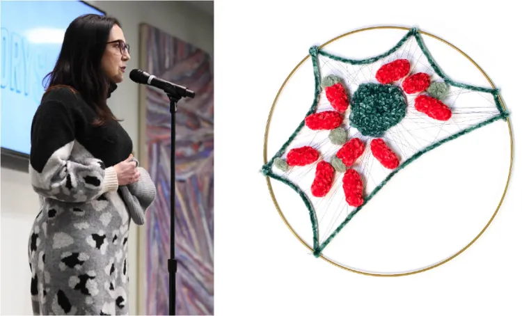 person at microphone telling a story and crocheted microbe