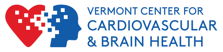 A Word Art graphic featuring the text "Vermont Center For Cardiovascular & Brain Health" alongside the VCCBH logo, which depicts a heart and brain partially blended with scattered pixels.