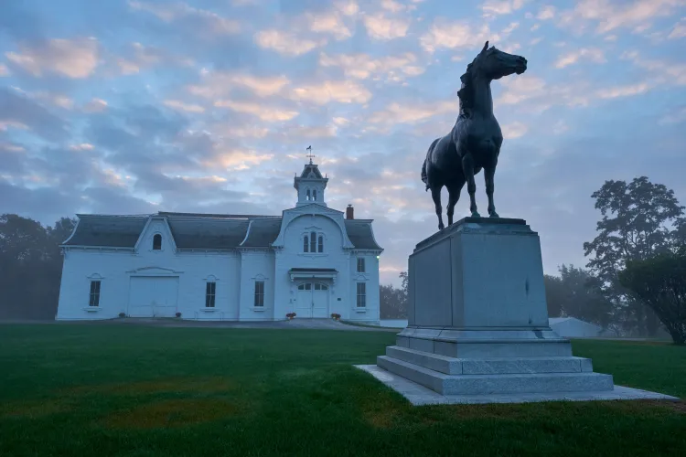 Historic Horse Barn and Morgan Horse Statue at the Morgan Horse Farm