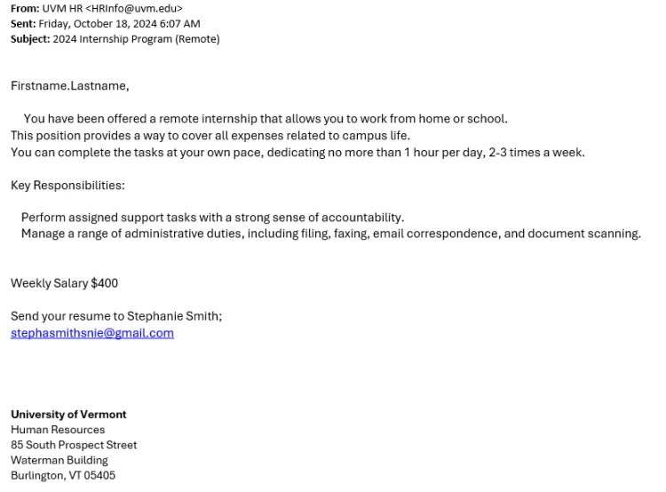A phishing email with the subject "2024 Internship Program (Remote)"