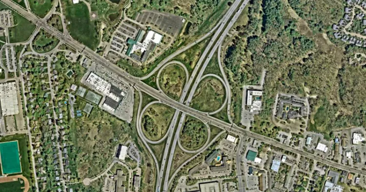 Aerial view of an I-89 cloverleaf