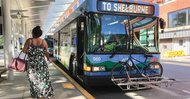 A transit bus waits to depart Burlington