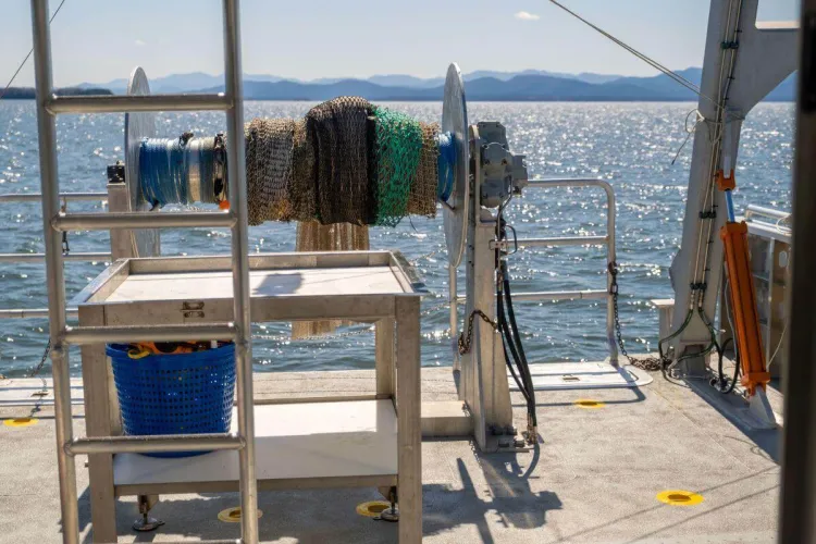 The trawling net on the back of the research vessel