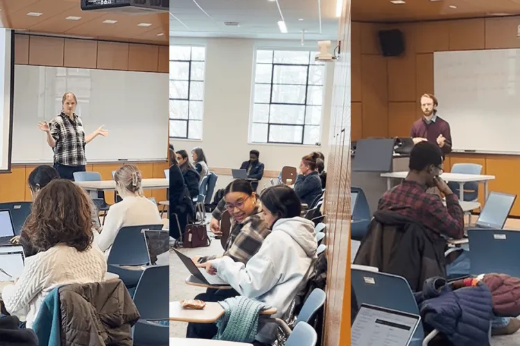 three images of people presenting at a meeting