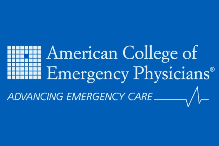 logo of the American College of Emergency Physicians, Advancing Emergency Care, in a blue box