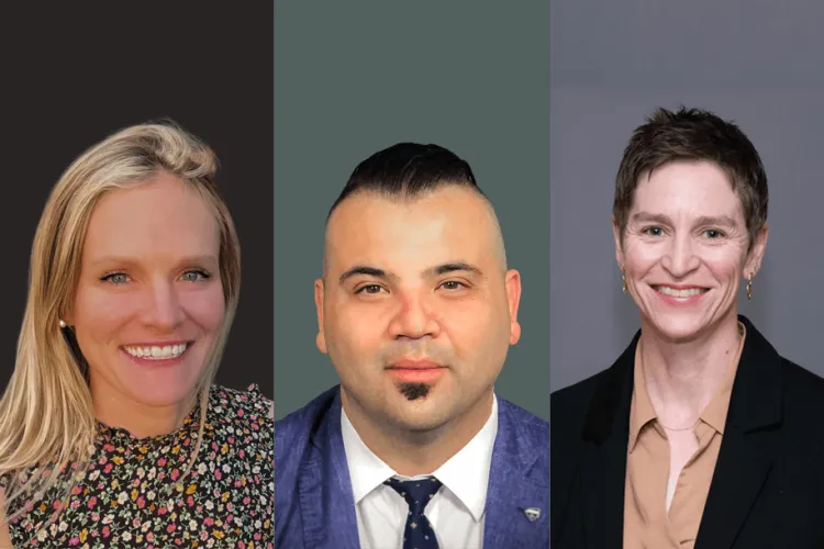 three headshots of a woman, a man, and a woman