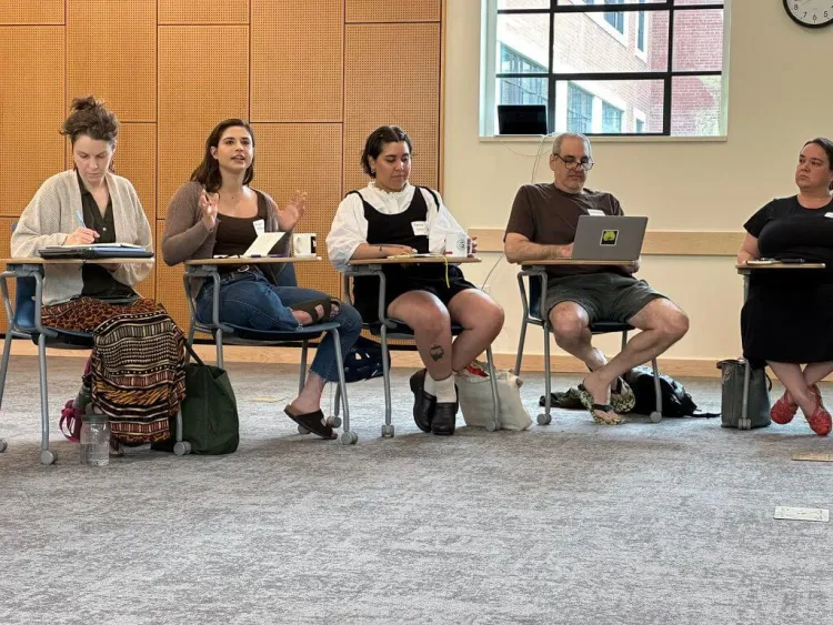 Katie Horner, Krizzia Soto-Villanueva, Andy Kolovos, and Teresa Mares listen while Michelle Nikfarjam summarizes her segment of research for the “Histories and continuities of working landscapes and livelihoods in New England: Agroecological case studies of agroforestry, fiber farming, and hunting” project.