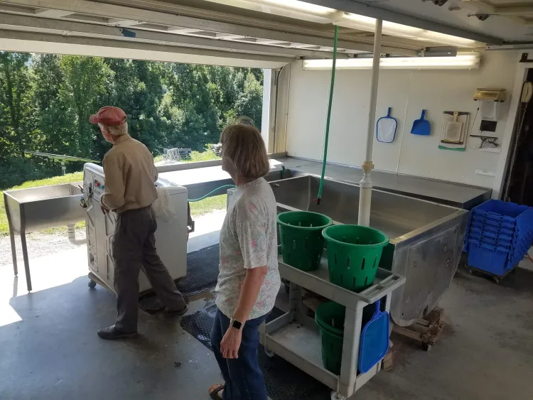 2 people next to a cart and a large sink