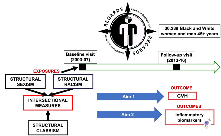 Diagram showing how structural oppressions may influence inflammation that can lead to poor cardiovascular health