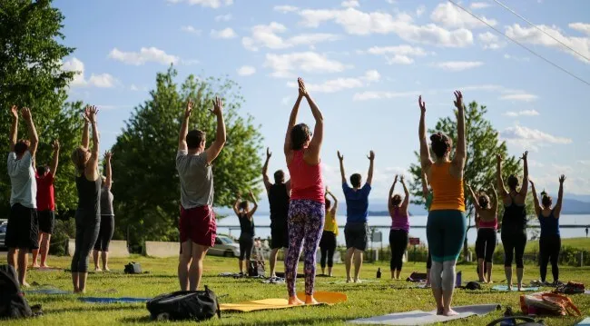 An outdoor yoga class