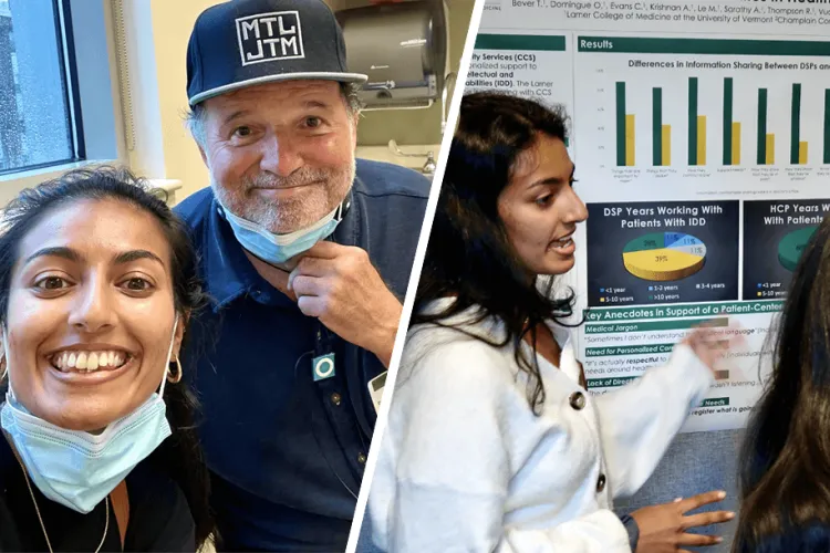 Left: a woman and a man smiling in a medical office; right: a woman presenting a poster at a conference