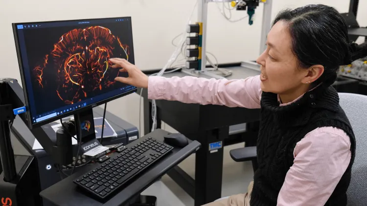 a woman pointing at an image of a brain on a computer screen