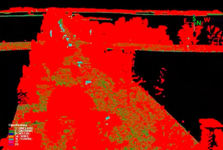 LiDAR map of trees and power lines