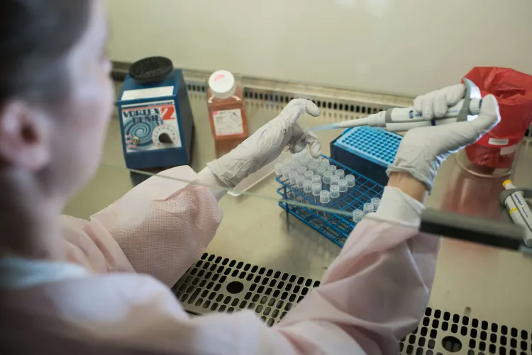 Marya Carmolli works under a fume hood in the lab
