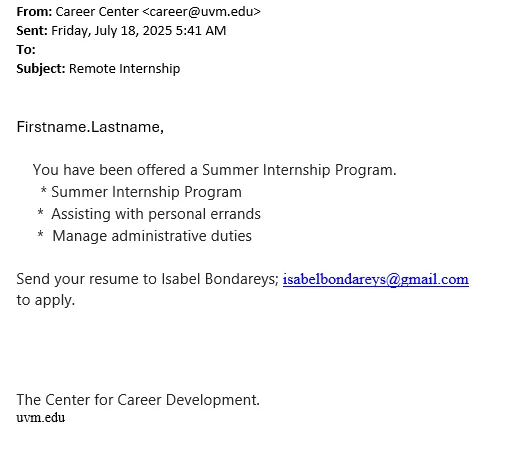 phishing email with summer internship offer