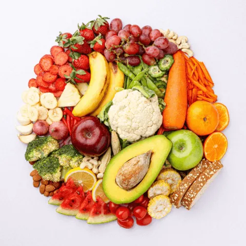 fruit and vegetable arranged in a circle