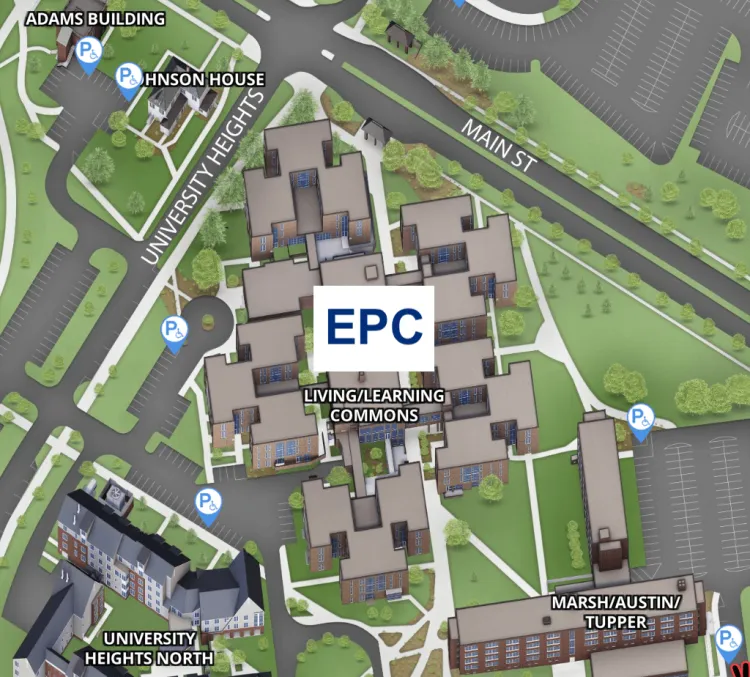 Close-up of the campus map, showing accessible parking to the east and west of the EPC