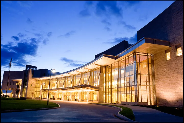 night view of the UVM Medical Center main enttrance