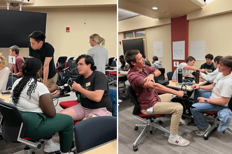 2 photos of people in a classroom