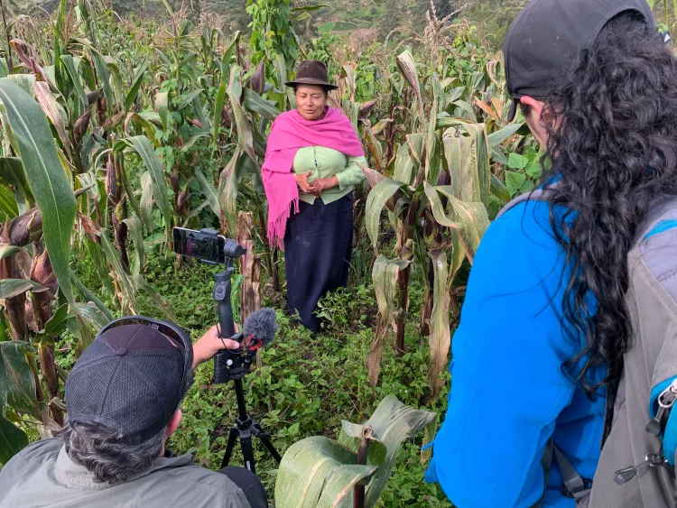 two people interivew another in a corn field in Ecuador.