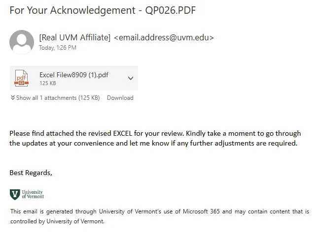 Scam email asking to review Excel document that is actually a PDF