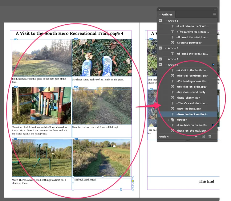 Screenshot from InDesign showing page to Article mapping