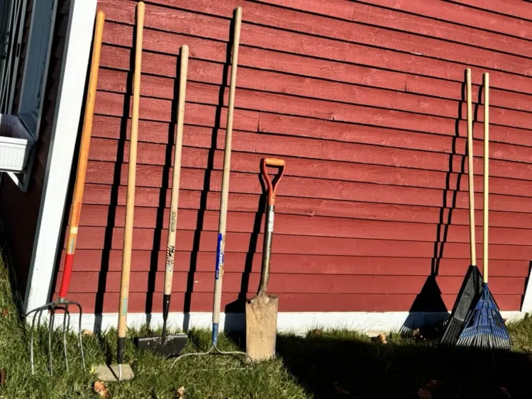 gardening tools propped up against a barn wall
