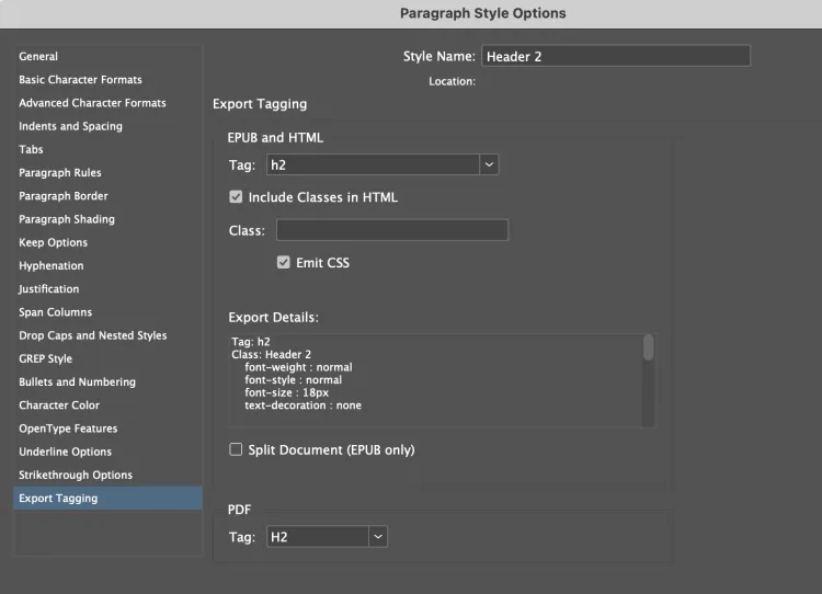 Screenshot of the tag-mapping dialogue for a paragraph style in InDesign