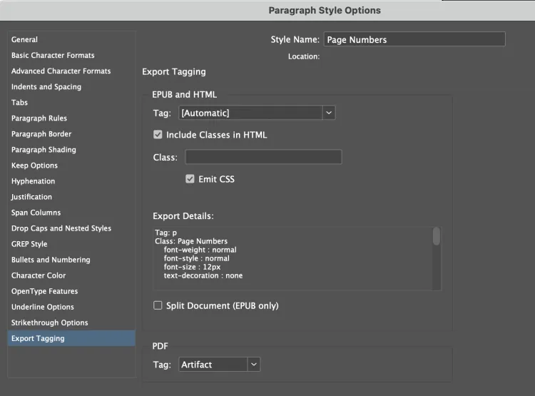 Screenshot of the tag-mapping dialogue in InDesign, showing a style called "Page Numbers" where the PDF Tag has been set to "Artifact"