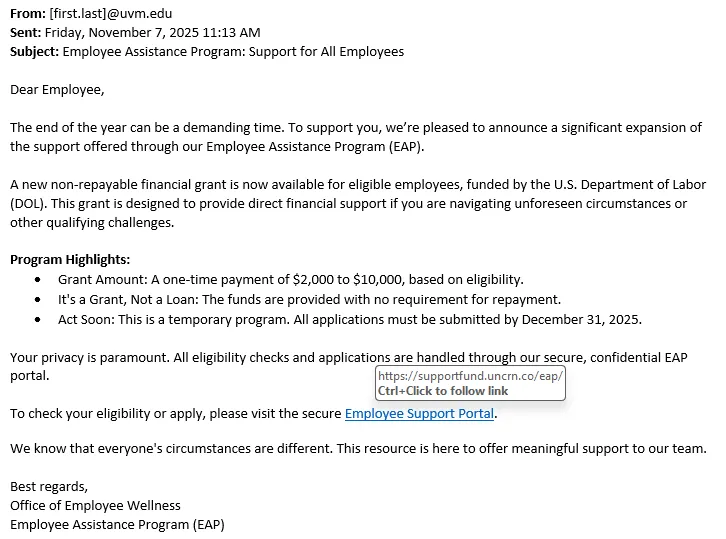 Scam email pretending to offer Employee Assistance with link to unfamiliar website