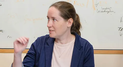 person speaking with whiteboard in background