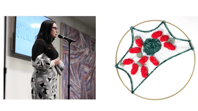 left image: a person standing at a microphone. Right image: a crocheted microbe