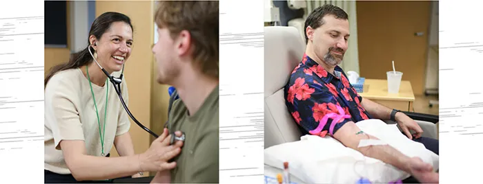 at left a physicians assistant puts a stethoscope onto a patient, at right a patient lies in a bed with a tube inserted in his arm