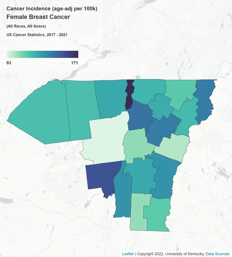 Map of breast cancer incidence in the UVM Cancer Center catchment area