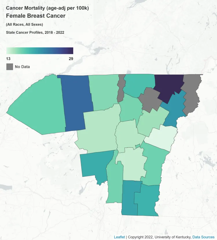 Map of breast cancer mortality in the UVM Cancer Center catchment area