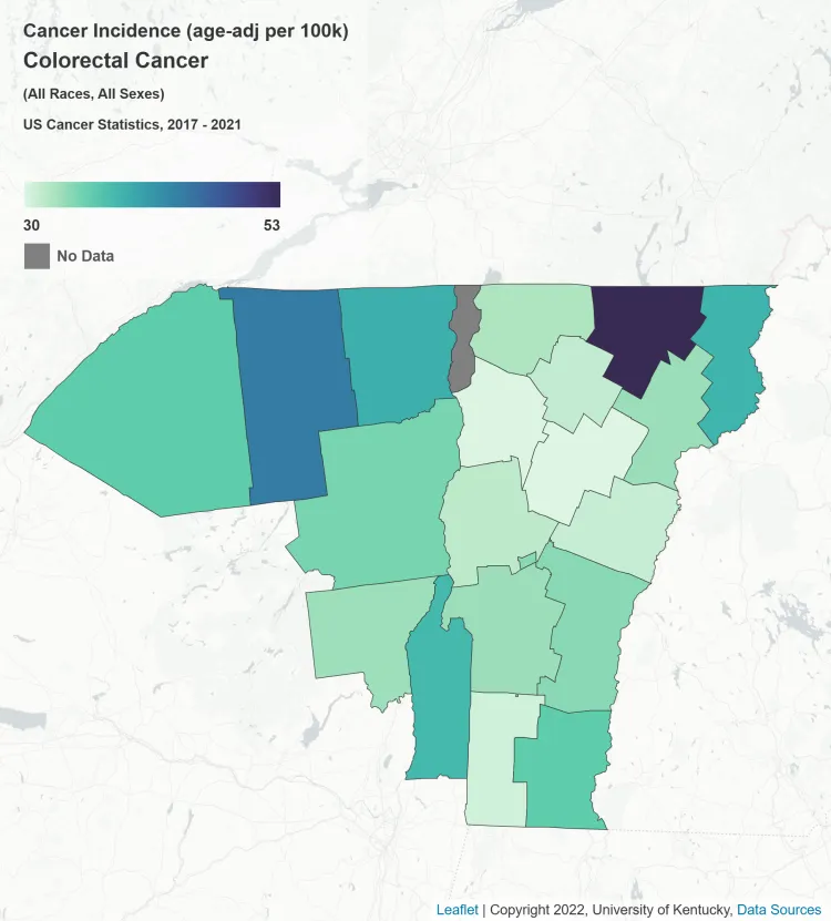 Map of colorectal cancer incidence in the UVM Cancer Center catchment area