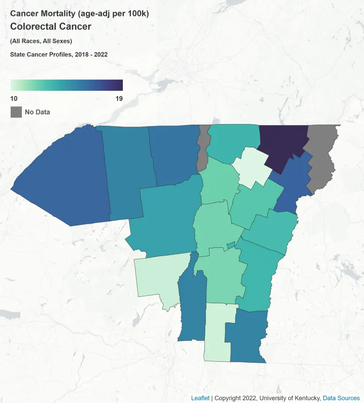 Map of colorectal cancer mortality in the UVM Cancer Center catchment area