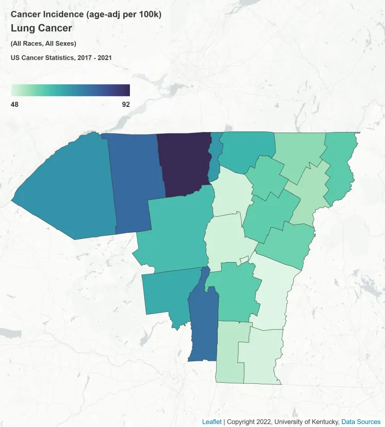 Map of lung cancer incidence in the UVM Cancer Center catchment area