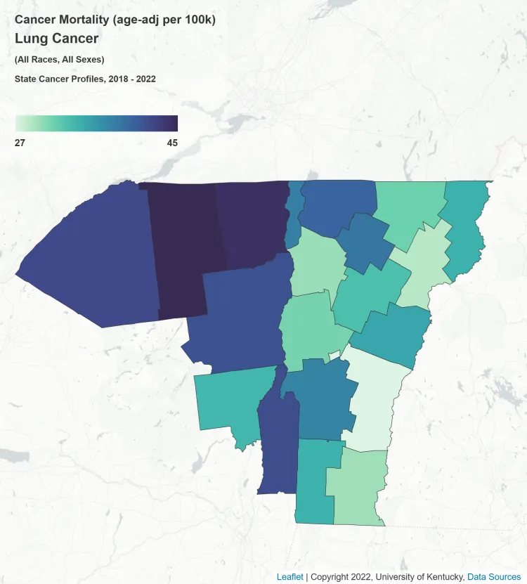 Map of lung cancer mortality in the UVM Cancer Center catchment area