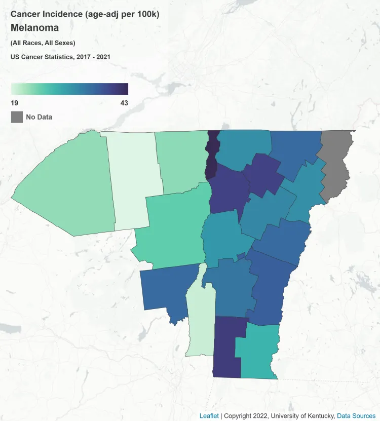 Map of melanoma incidence in the UVM Cancer Center catchment area